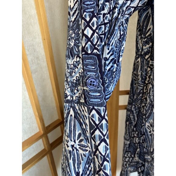 Appleseeds Women’s SM Blue Crinkled Cotton Geometric Print Button Down Shirt NWT - Picture 6 of 12